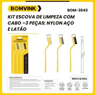 KIT ESCOVA DE LIMPEZA COM CABO 3 PEÇAS:NYLON AÇO E LATÃO BOMVIK