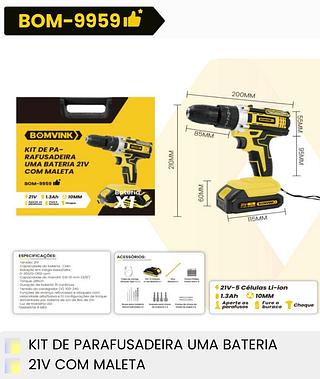 KIT DE PARAFUSADEIRA UMA BATERIA 21V COM MALETA BOMVINK