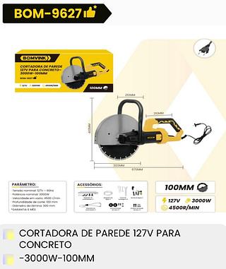 CORTADORA DE PAREDE 127V PARA CONCRETO 3000W-100MM BOMVINK
