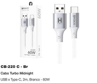 MIDNIGHT USB - TYPE-C BRANCO PD 2M HREBOS PREMIUM