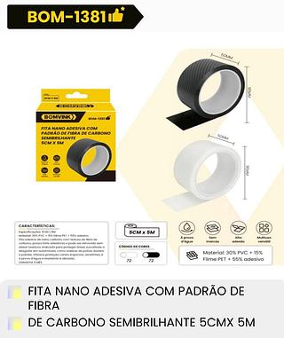 FITA NANO ADESIVA COM PADRÃO DE FIBRA DE CARBONO 5CM X 5M BOMVINK