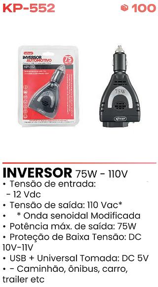 INVERSOR AUTOMOTIVO 75WTTS 12VDC/110AC KNUP