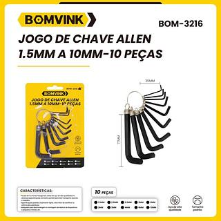 JOGO DE CHAVE ALLEN 1.5MM A 10MM - 10 PEÇAS BOMVINK