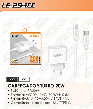 CARREGADOR TURBO 20W MAX PD3.0 TIPO-C+TIPO-C 1M LELONG