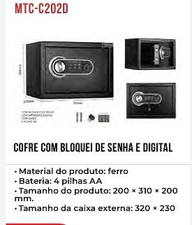 COFRE ELETRONICO COM BLOQUEIO DE SENHA, CHAVE E 4 PILHAS AA TOMATE