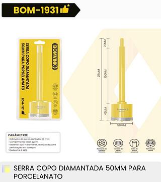 SERRA COPO DIAMANTADA 50MM PARA PORCELANATO BOMVINK