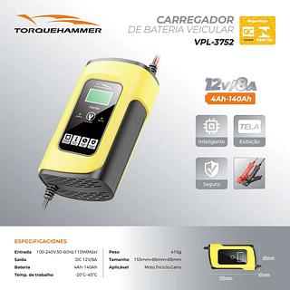 CARREGADOR DE BATERIA VEICULAR 12V/8A 4AH-140AH TORQUEHAMMER