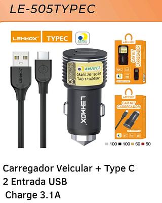 CAR KIT CARREGADOR 3.1A LEHMOX
