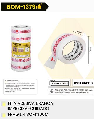 FITA ADESIVA BRANCA IMPRESSA CUIDADO FRAGIL 4.8CM*100M (PACOTE COM 6 PCS) BOMVINK