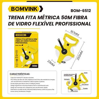 TRENA FITA METRICA 50M FIBRA DE VIDRO FLEXÍVEL PROFISSIONAL BOMVINK
