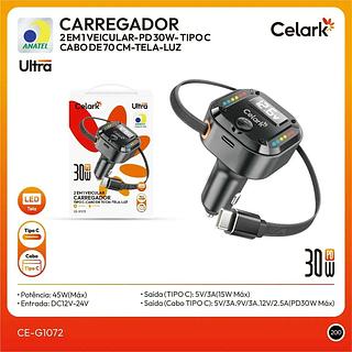 CARREGADOR 2 EM 1 VEICULAR TIPO-C-CABO-TELA-LUZ 30W ULTRA CELARK