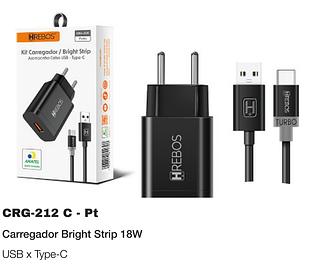 KIT CARREGADOR / BRIGHT STRIP ACOMPANHA CABO USB - TYPE-C 18W HREBOS