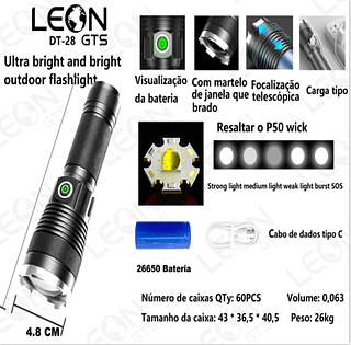 LANTERNA TATICA MILITAR LUZ FORTE T9 LEON GTS