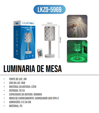 LUMINARIA DE MESA RECAREGAVEL LUATEK
