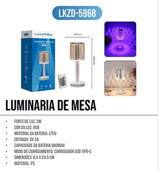 LUMINARIA DE MESA RECAREGAVEL LUATEK