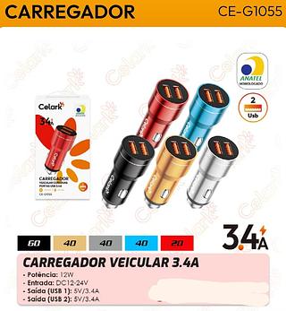 CARREGADOR VEICULAR COM DUAS PORTAS USB 3.4A CELARK