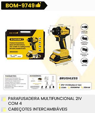 PARAFUSADEIRA MULTIFUNCIONAL 21V COM 4CABECOTES INTERCAMBIA VEIS BOMVINK