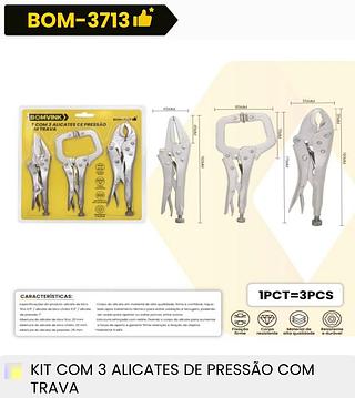KIT COM 3 ALICATES DE PRESSAO COM TRAVA BOMVINK