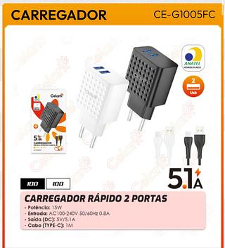 CARREGADOR RAPIDO-2 PORTAS-CABO1M 5.1A CELARK