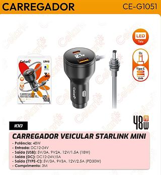CARREGADOR VEICULAR STARLINK MINI TIPO-C USB CABO 3M TELA CELAR