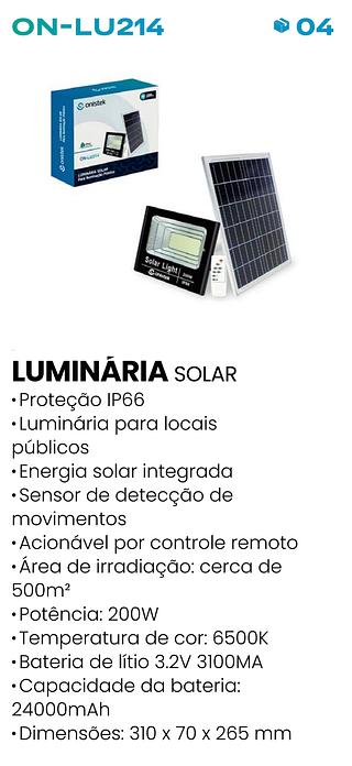 LUMINARIA SOLAR PARA ILUMINAÇÃO PUBLICA 200W ONISTEK
