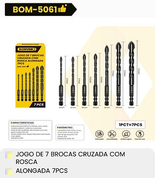 JOGO DE 7 BROCAS CRUZADA COM ROSCA ALONGADA 7 PCS BOMVINK