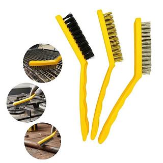 KIT COM 3 MINI ESCOVAS DE AÇO DE 9 POLEGADAS COM CABO PLÁSTICO BOMVIK
