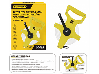 TRENA FITA METRICA 100M FIBRA DE VIDRO FLEXÍVEL PROFISSIONAL BOMVINK