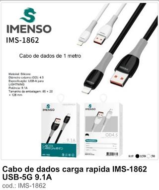 CABO DE CARREGAMENTO 9.1A USB-A PARA LIGHTNING IMENSO