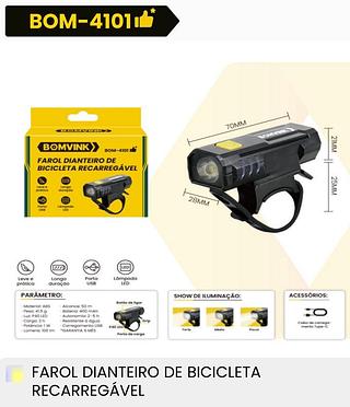 FAROL DIANTEIRO DE BICICLETA RECARREGAVEL BOMVINK