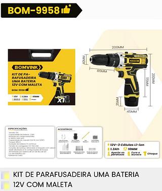 KIT DE PARAFUSADEIRA UMA BATERIA 12V COM MALETA BOMVINK