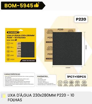 LIXA D'AGUA 230*280MM P220-10FOLHAS BOMVINK