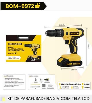 KIT DE PARAFUSADEIRA 21V COM TELA LCD BOMVINK