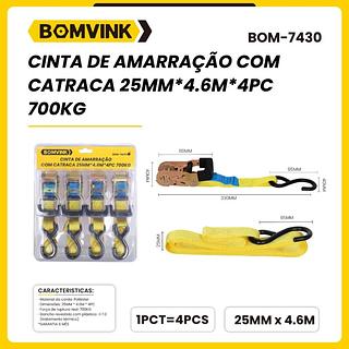 CINTA DE AMARRAÇÃO COM CATRACA 25MM*4.6M*4PC 700KG BOMVINK