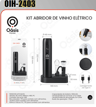 KIT ABRIDOR DE VINHO ELETRICO OASIS