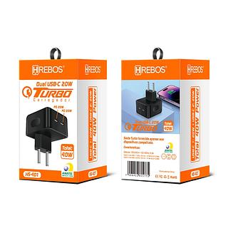 CARREGADOR TURBO DUAL USB-C 20W + 20W HREBOS