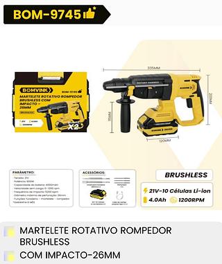 MARTELETE ROTATIVO ROMPEDOR BRUSHLESS COM IMPACTO-26MM BOMVINK