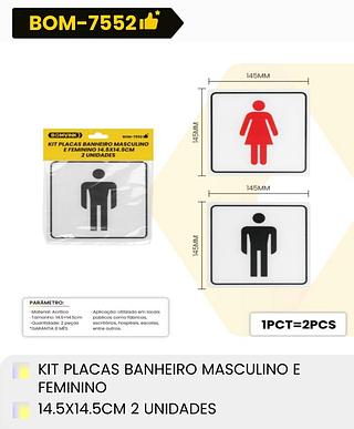 KIT PLACAS BANHEIRO MASCULINO E FEMININO 14.5*14.5CM 2 UNIDADES BOMVINK