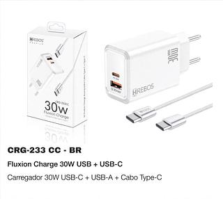 CARREGADOR FLUXION CHARGE TYPE-C X TYPE-C E USB 30W HREBOS PREMIUM