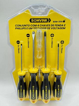 CONJUNTO COM 4 CHAVE DE FENDA E PHILLIPS E UM TESTADOR DE VOLTAGEM