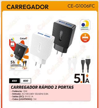 CARREGADOR RAPIDO-2 PORTAS-CABO1M 5.1A CELARK