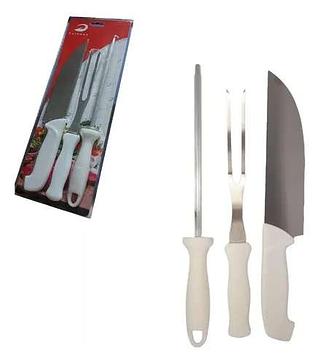 KIT PARA CHURRASCO FACA, GARFO E CHAIRA AÇO INOX E PLASTICO HUIHANG NAVY