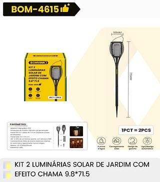 KIT 2 LUMINARIAS SOLAR DE JARDIM COM EFEITO CHAMA 9.8*71.5 BOMVINK