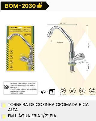 TORNEIRA DE COZINHA CROMADA BICA ALTA EM L AGUA FRIA 1/2`` PIA BOMVINK