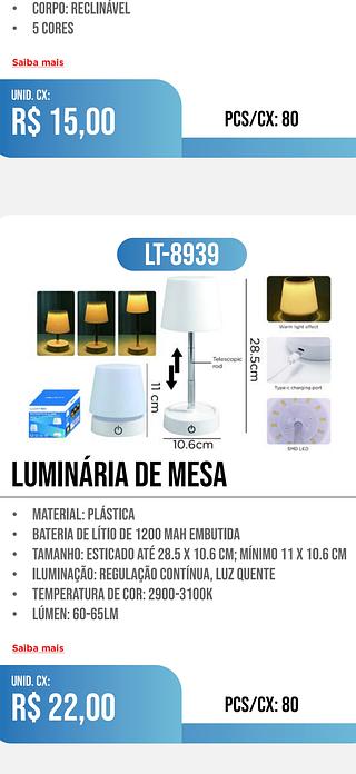 LUMINARIA DE MESA AJUSTAVEL E RECARREGAVEL LUATEK