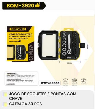 JOGO DE SOQUETES E PONTAS COM CHAVE CATRACA 30 PCS BOMVINK