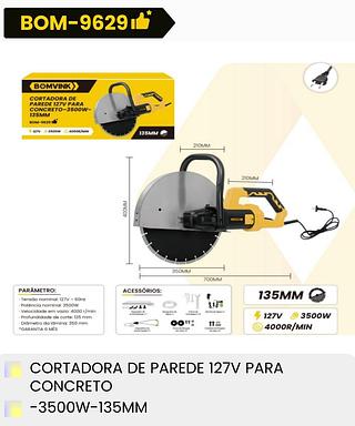 CORTADORA DE PAREDE 127V PARA CONCRETO 3500W-135MM BOMVINK