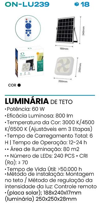 LUMINARIA DE TETO SOLAR 60W ONISTEK