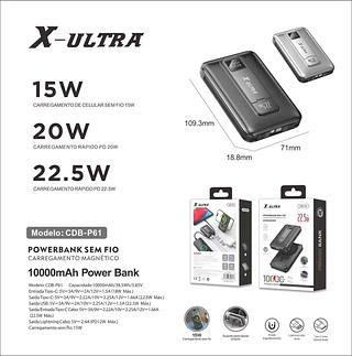 POWERBANK SEM FIO 22.5W 10000MAH USBX1 TIPO-CX1 X-ULTRA
