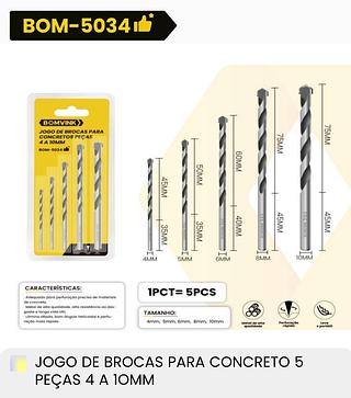 JOGO DE BROCAS PARA CONCRETO 5 PEÇAS 4 A 10MM BOMVINK